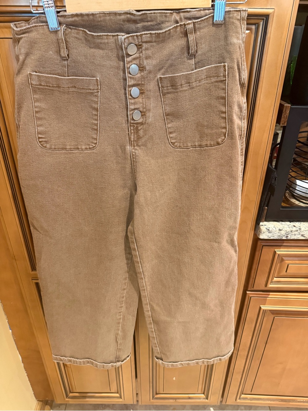 High-Waist Button-Front Wide Crop Pants - Tan